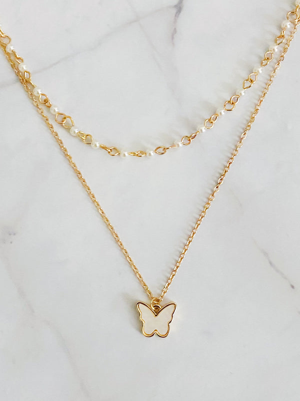Layered Pearl Chain Butterfly Necklace