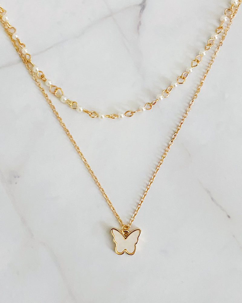 Layered Pearl Chain Butterfly Necklace